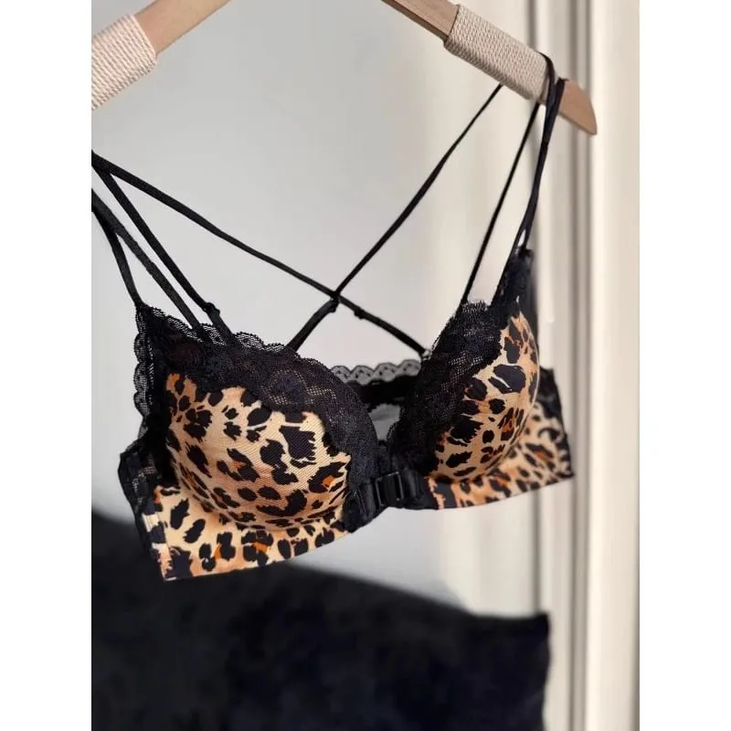 Leopard Print Front Button Bra Set Push Up Petite Women Backless Sexy Lingerie for Party Gathering Enhance Bust Show Larger S-XL