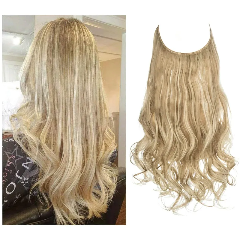 Sintético sem clipes na extensão do cabelo natural ombre preto loiro rosa uma peça onda longa fio invisível falso pedaço de cabelo