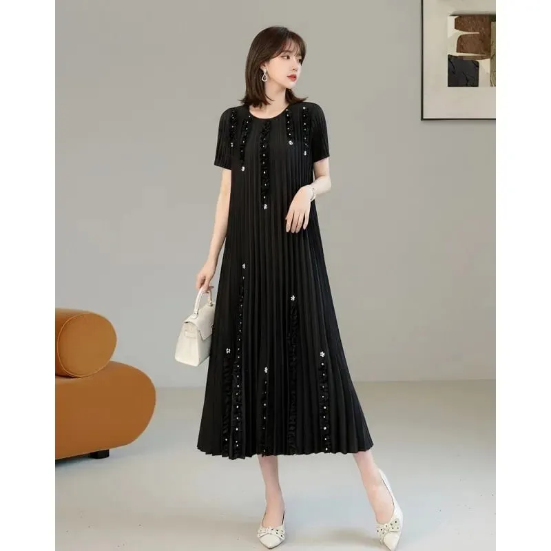Miyake Pleated Elegant Dresses Women 2026 Summer New Vacation Solid Color Dress Loose Pleats Short Sleeve Plus Size Fold Dress