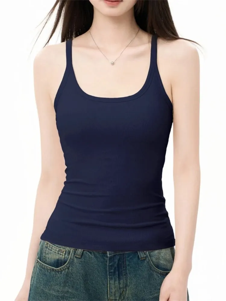 Zjaiss Elegant Knit Summer Tank Top Korean Slim Solid U Neck Women Cami Soft Ribbed Basic Layering Vest Fashion Ladies Top