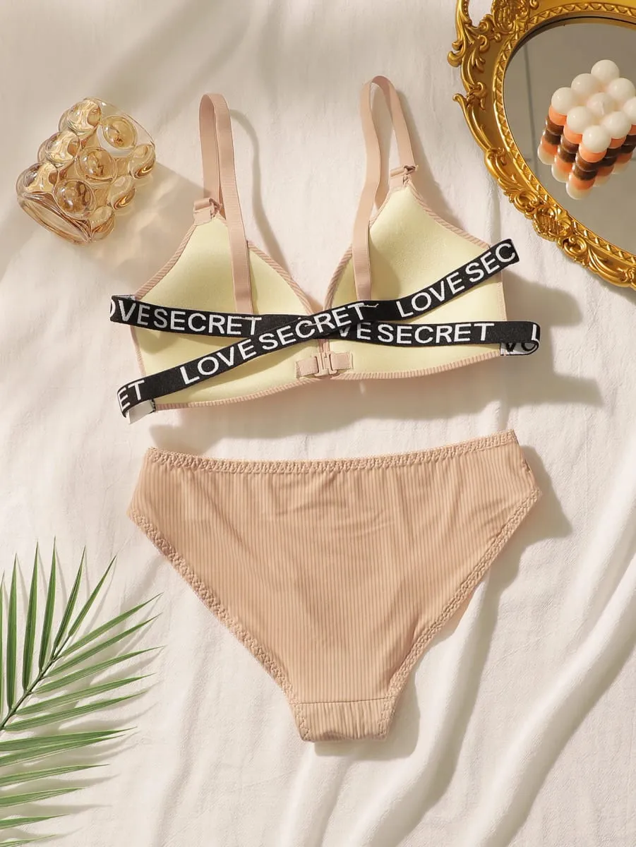 Women's front buckle letter belt underwear set without steel ring gathering push up comfortable close fitting bra set J008