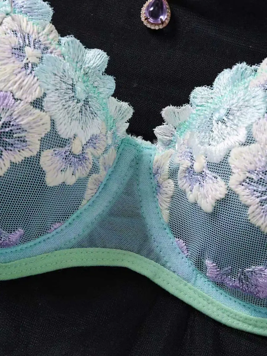 Sheer Mesh Floral Embroidery Lingerie Set Women Underwire Bra And Thong Set Color Contrast Sexy Lace Intimate Lingerie