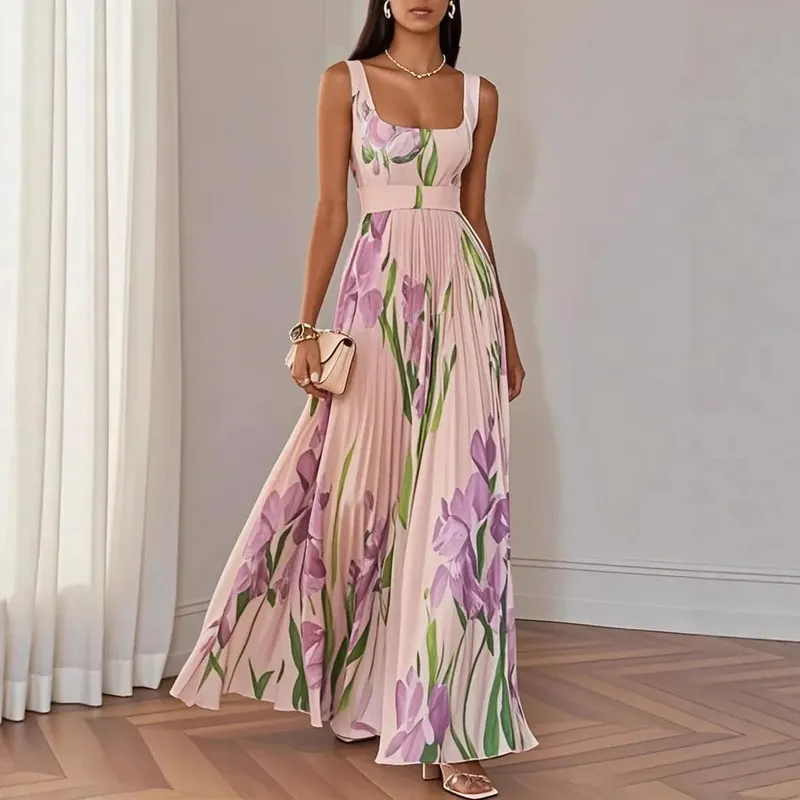 Vestidos Mujer Sexy Square Collar Pleated Dress Woman Spring Floral Print High Waist Long Dresses New Summer Sleeveless Sundress