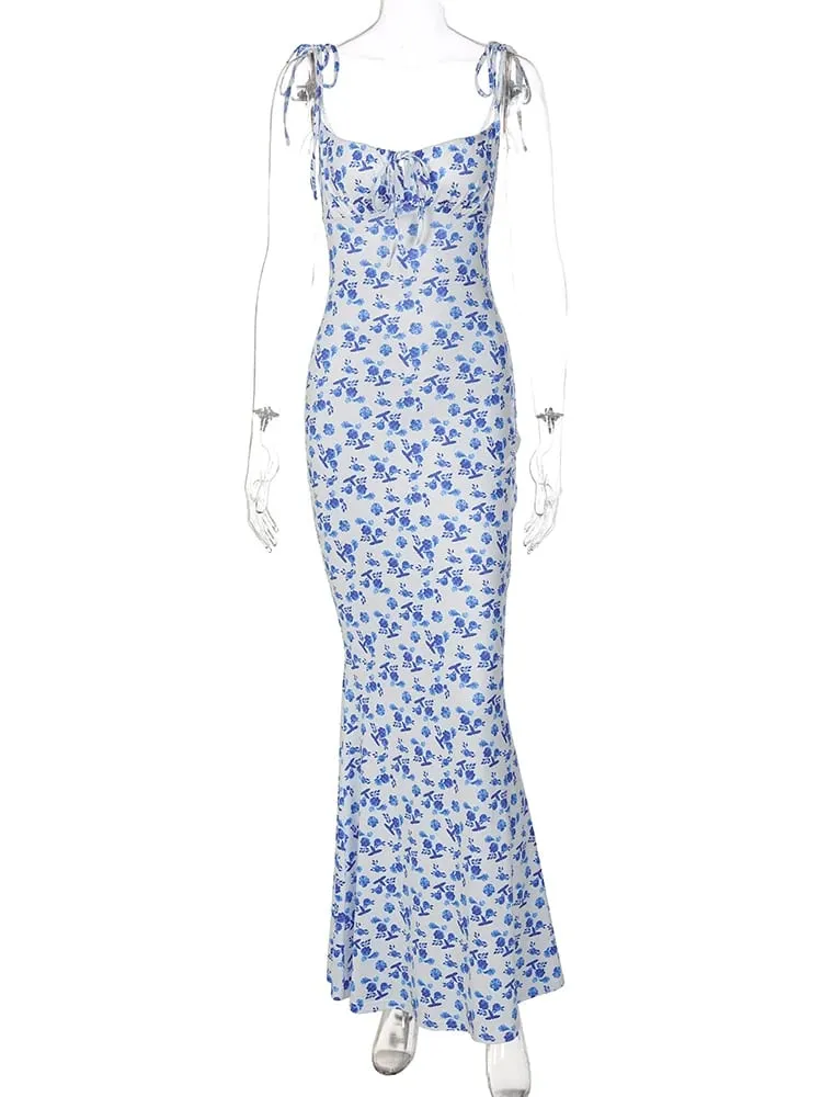 Hugcitar-Vestido largo sin mangas con estampado Floral, Espalda descubierta, con cordones, Sexy, ceñido al cuerpo, trajes elegantes para fiesta de vacaciones, venta al por mayor
