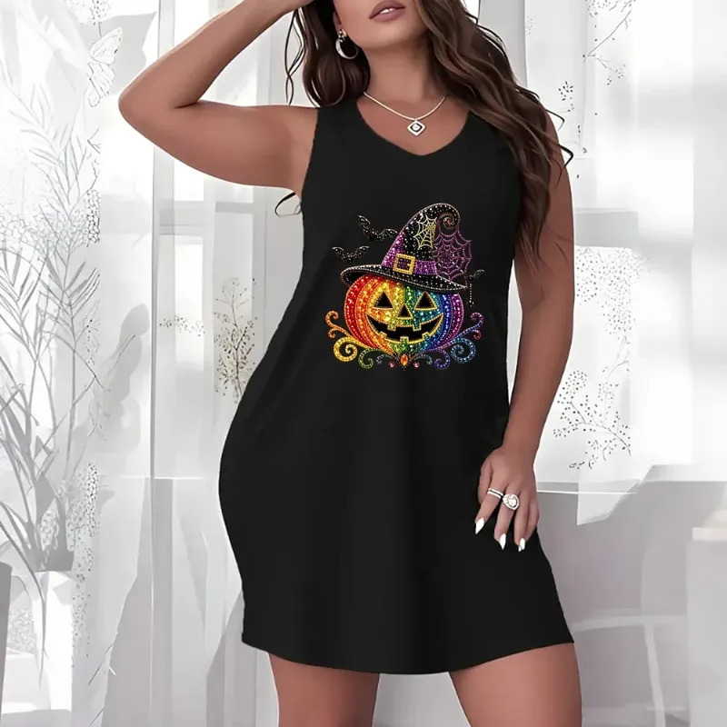 Halloween Theme Plus Size Women Sleeveless Tank Dress Spooky Cartoon Graphic Crew Neck Loose Dress Casual Holiday Party Dresses