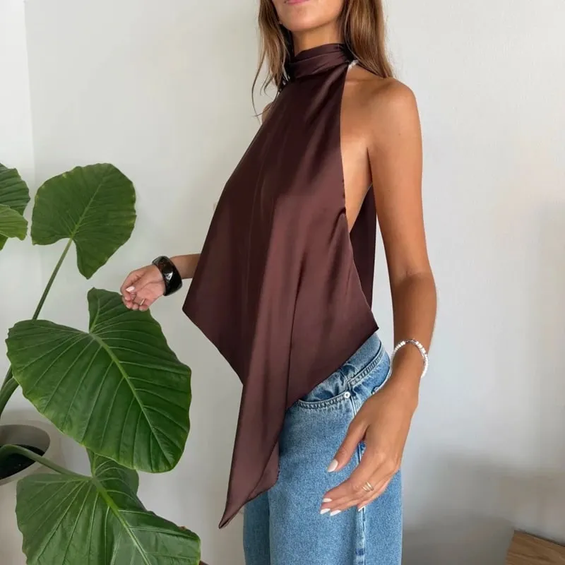 Combhasaki Women Y2k Lace-up Choker Halter Neck Satin Silk Vest High Low Asymmetrical Hem Camis Yesk Silky Backless Layering Top