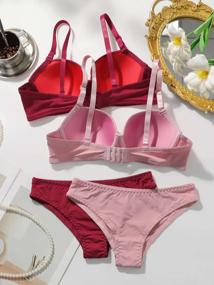 Conjunto de sutiã acolchoado com armação feminina, 2 pacotes, sutiã push up sólido com calcinha combinando, lingerie sexy e confortável para o dia a dia