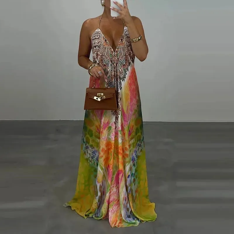 Casual High Waist Evening Party Dress Sexy V-neck Backless Sleeveless Vacation Robes Elegant Bohemian Printed Women Loose Dress — image 3