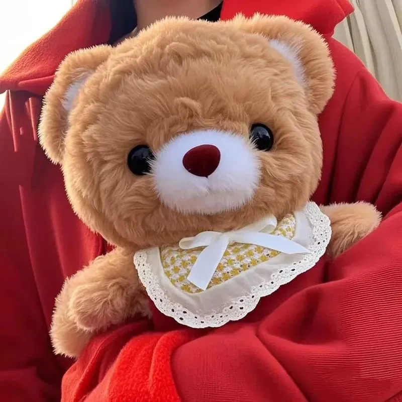 30cm Cute Mocha Brown Teddy Bear Plush Toy Soft Stuffed Animal With Lace Collar Girls Birthday Gift Bedroom Throw Pillow Doll