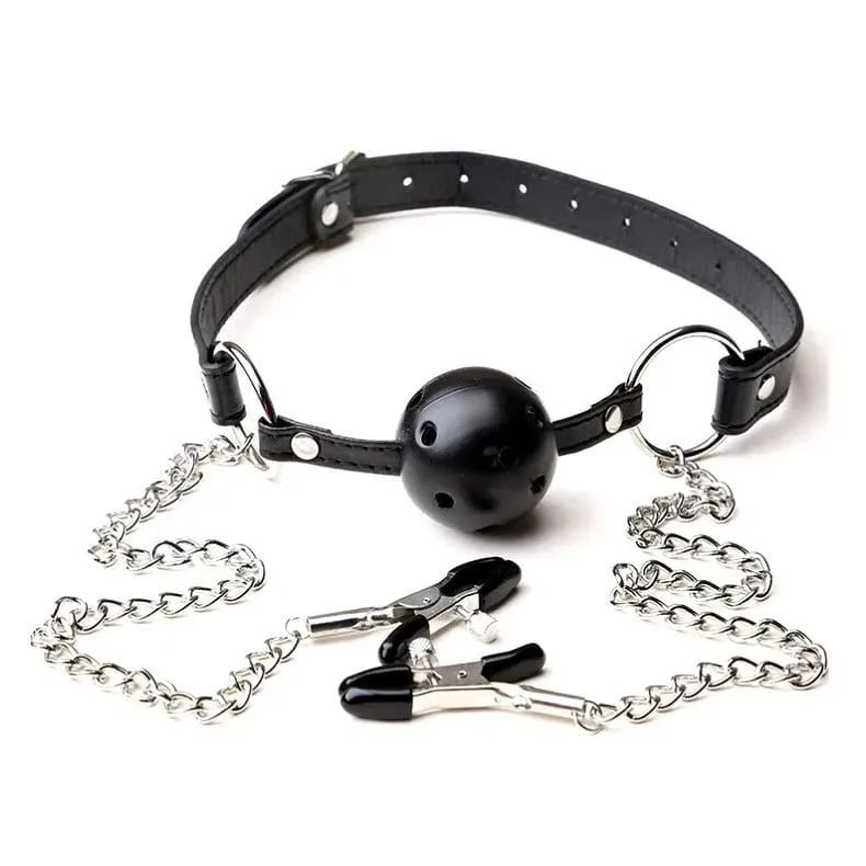 New Erotic Toy PU Leather Mouth Gag Ball Oral Sex With Chain Clip Breast Nipple Clamps Bondage Harness Sex Toys Adult Games