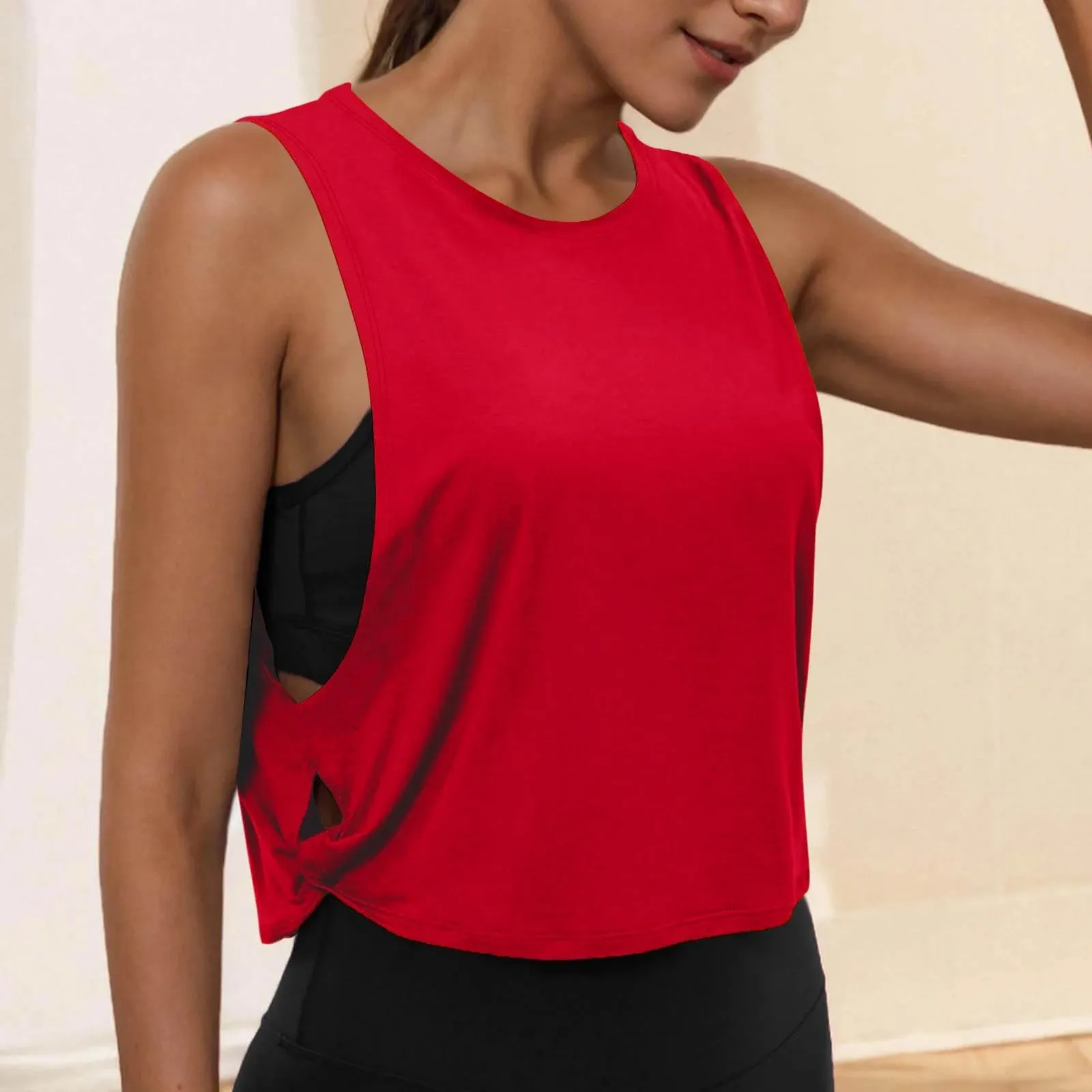 Women Sleeveless Yoga Tops Running Short Tank Crop Top Athletic Vest Breathable Blouse Cover Up Gym Workout Cool T-Shirt