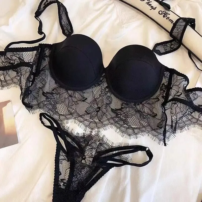 Women's Sexy See Through Lace Backless Lingerie Set Push Up Plunge Bra Wireless Soft Steel Ring Lightweight Comfort Summer S-XL