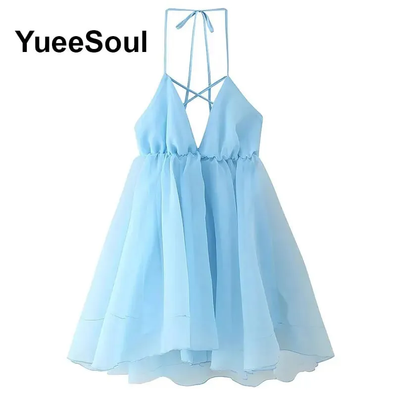 Blue Printed Mini Dress 2026 Summer New Elegant Party Birthday Evening Dresses Y2K Sweet Cute High Street Casual Women Dress