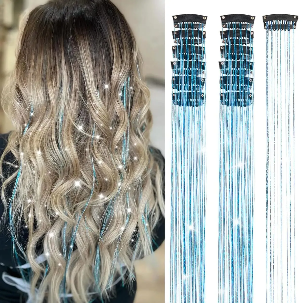 Synthetic Hair Clips in Glitter Tinsel Hair Extensions 20 Inch 6 PCS/Set Heat Resistant Sparkle Clip in Hair for Girls Women