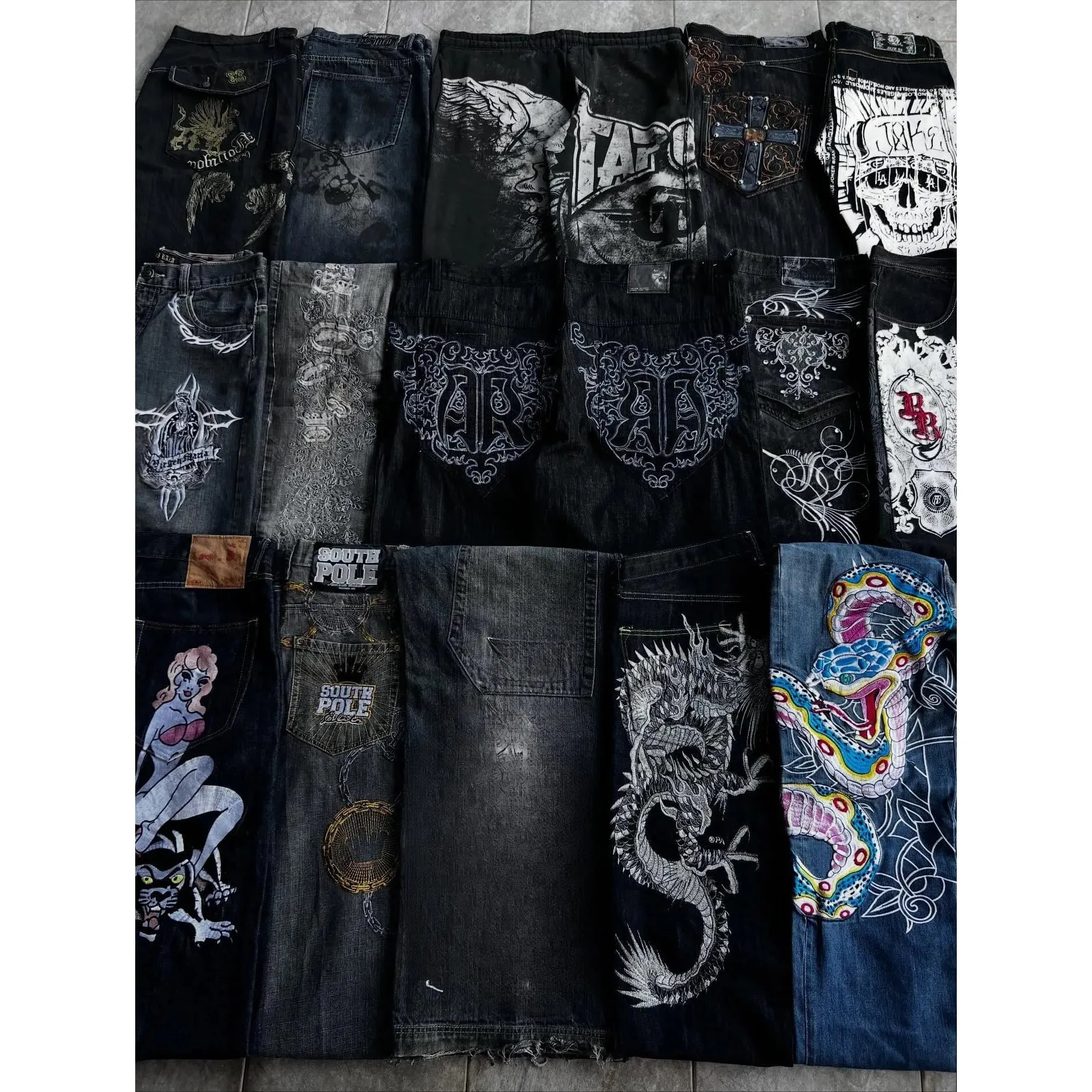 Retro Y2K Oversized Print Explosions Mens Jeans American Hip-hop Trend Gothic Straight Pants Harajuku Casual Couple Wide Pants