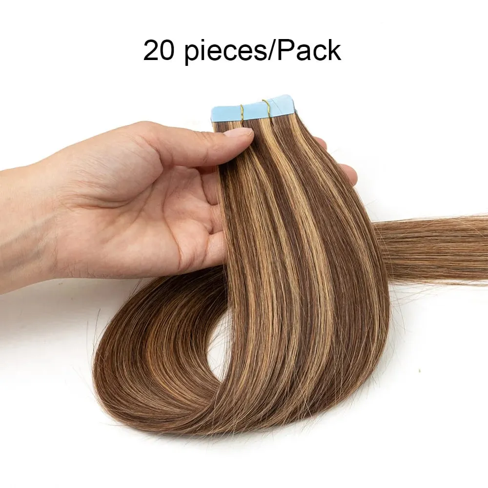 Fita balayage longa e reta em extensões de cabelo, cabelo humano real, sem costura, trama de pele, fita pu, cabelo natural, preto, marrom, loiro, 20 peças
