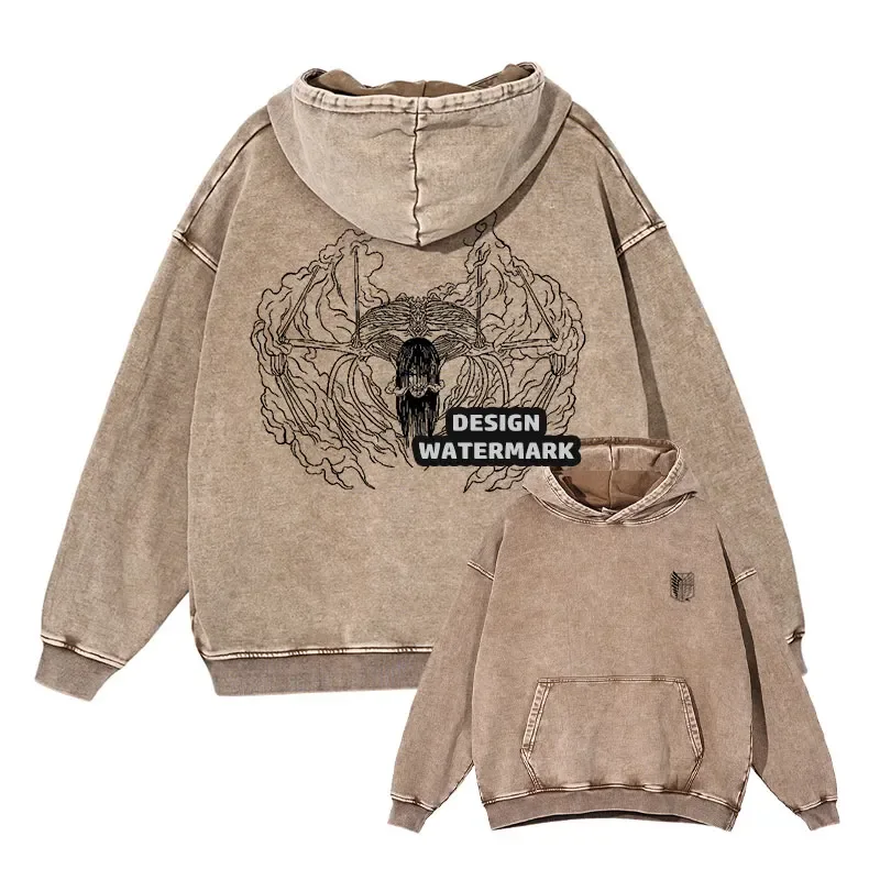 Anime Levi Hoodies Vintage Washed A-Attack on Titan Hoodie Casual Manga Yeager Eren Kapuzenpullover Titan Attack Pullover