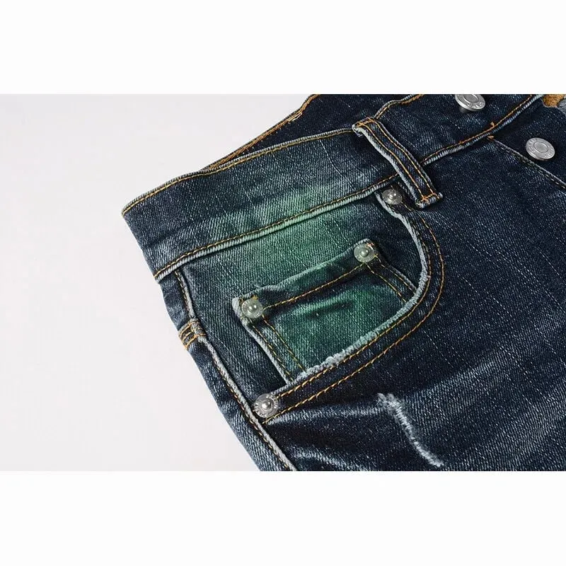 Men's Slim Taper Vintage Distressed Ripped Jeans Blue Gradient Green Red Paint Splatter Button Fly High Street Fashion Denim Pan