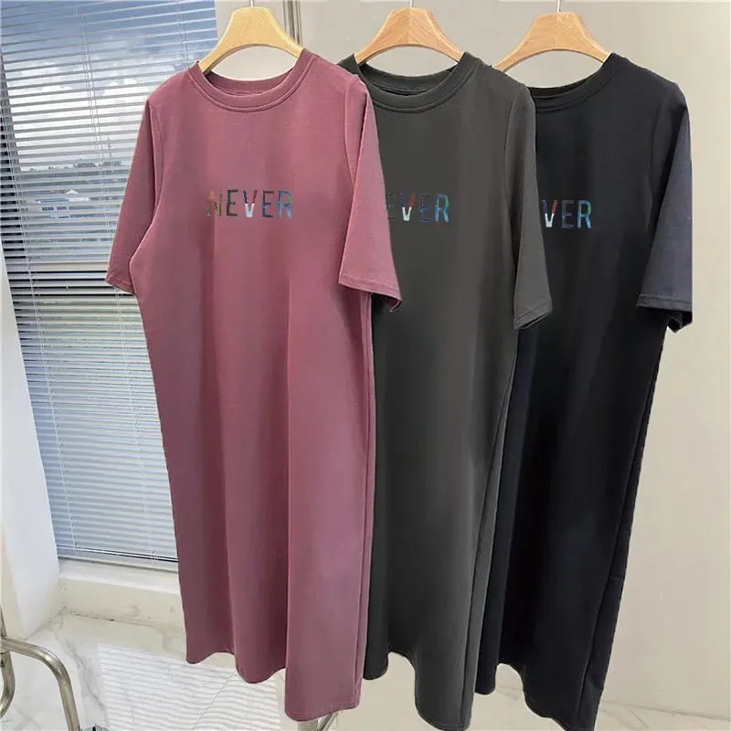 Summer Oversized Women Long T Shirt Dress White Round Neck Color Letter NEVER Print Casual Side Split Maxi Dress