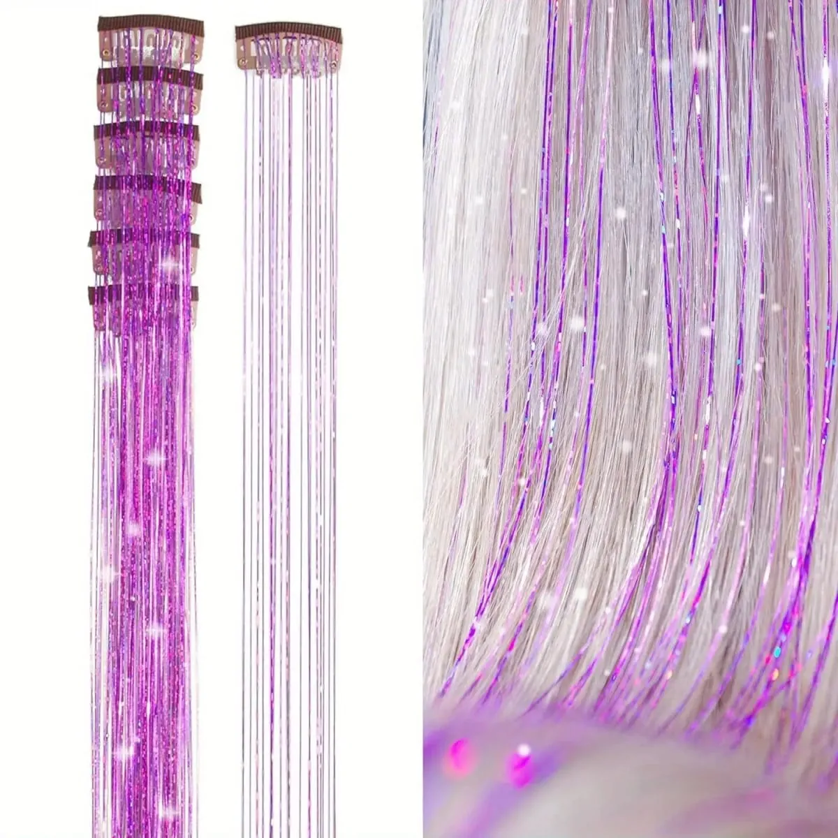 6Pcs Synthetic Hair Tinsel Clip in 19.6Inch Glitter Tinsel Hair Clip in Hair Tinsel Kit Heat Resistant Shiny Sparkle Fairy Hair