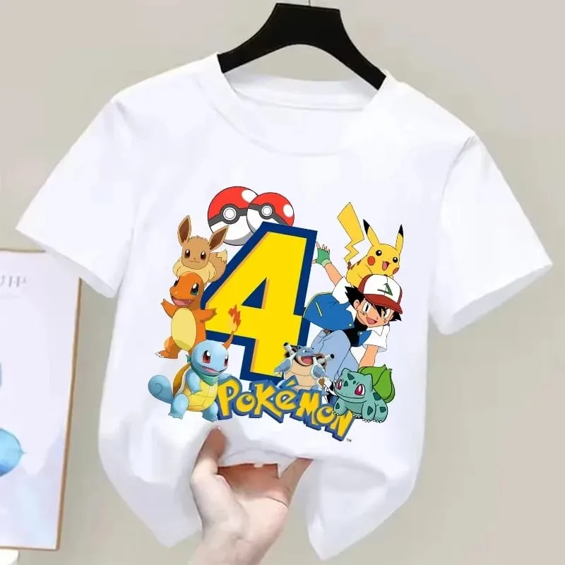 2026 Pokemons Pikachu Kids T Shirts Birthday Number 1-9 Printed T Shirt Boys Girls Summer Short Sleeves Tops Children Clothing