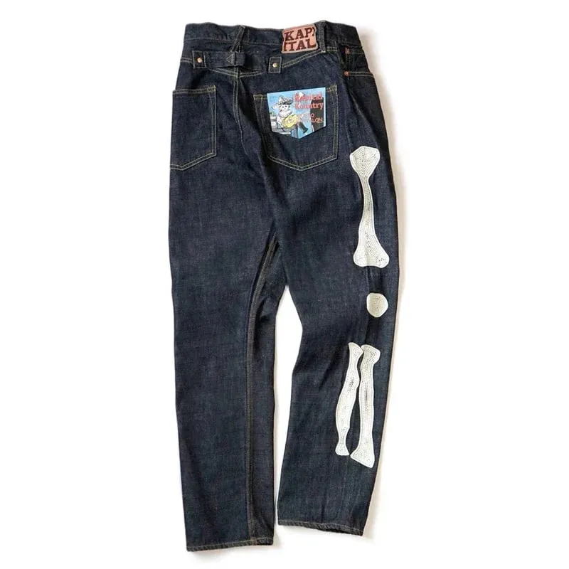 Japan Style New Arrival KAPITAL Hirata Kazuhiro Bone Skeleton Embroidered Pattern Casual Jeans for Men
