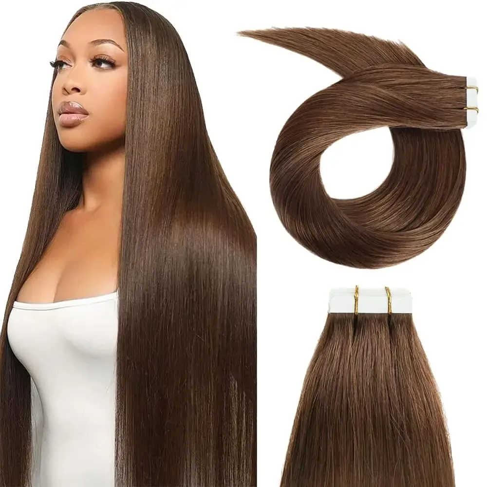#4 Extensiones de cabello con cinta marrón Cabello humano 50 g Extensiones con cinta de cabello humano 20 piezas Cinta en marrón oscuro Marrón chocolate sin costuras