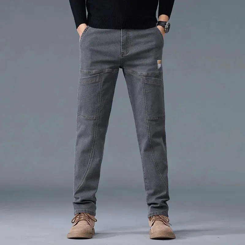 2026 New Style Jeans Men's Slim Fit Korean Style Comfortable Straight Leg Elastic Gray Mid Waist Pants Men's Casual Denim Pants