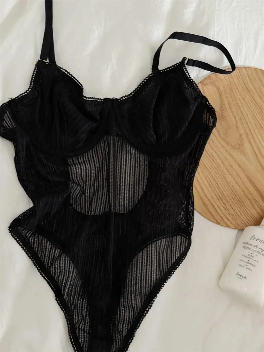 Mesh Halter Neck Bodysuit for Women Sexy Black Lace Lingerie Set Breathable Underwear Bra