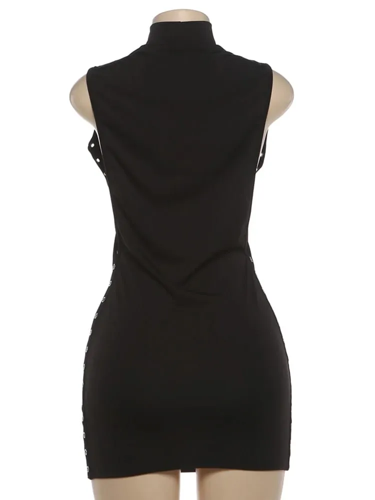Nibber Peach Hip Minikjole Kvinde o-hals Ærmeløs side hult design Metalringe Dekoration Skinny Midnight Club Party Bodycon