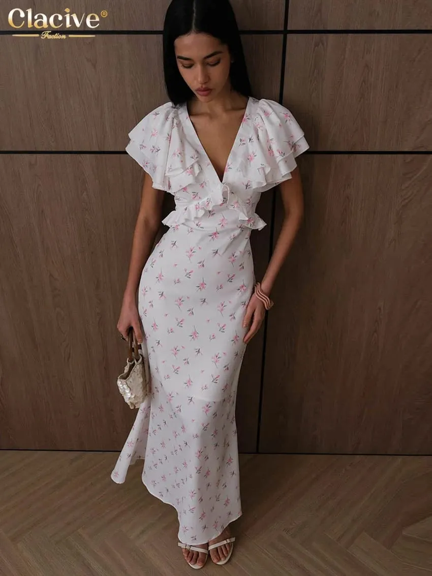 Clacive Abito da donna con stampa allentata sexy 2026 Abito estivo con scollo a V a maniche corte alla caviglia Abiti eleganti classici con volant Abito femminile