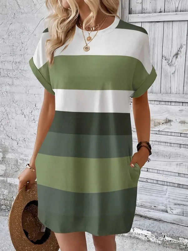 Vestido feminino listrado plus size casual solto manga curta vestido de verão com bolsos