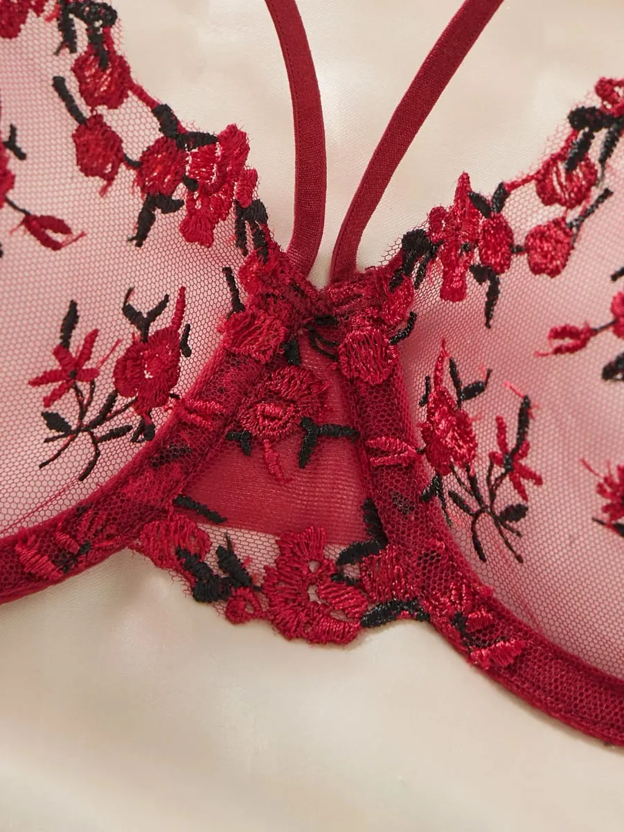 Vintage Wine Red Floral Lace Lingerie Set Thin Double Straps Sheer Transparent Mesh Bra Adjustable Briefs Boudoir