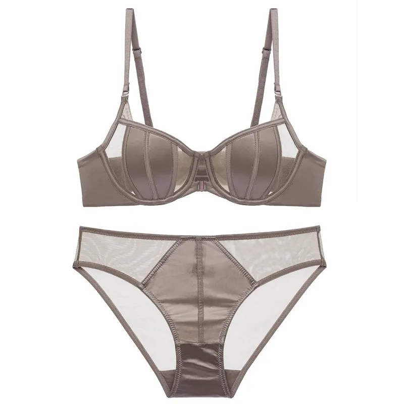 high quality satin sexy women bras and brief set push up A B C cup front closed wire summer lingerie underwear black white khaki