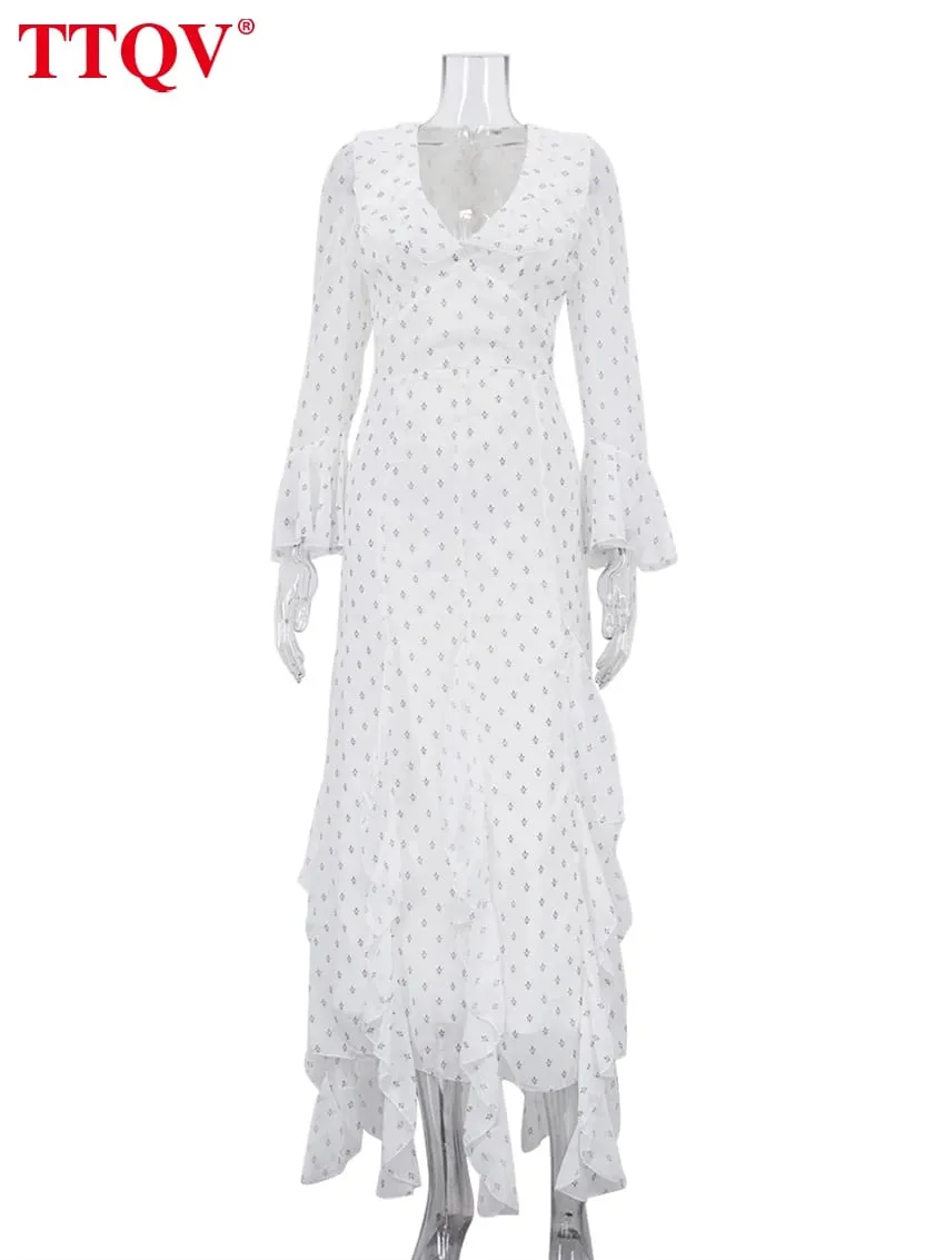 Sexy Slim Print Women's Dress 2025 Fashion V-Neck Long Sleeve Ankle Length Dresses Elegant Classic Ruffles Female Dress