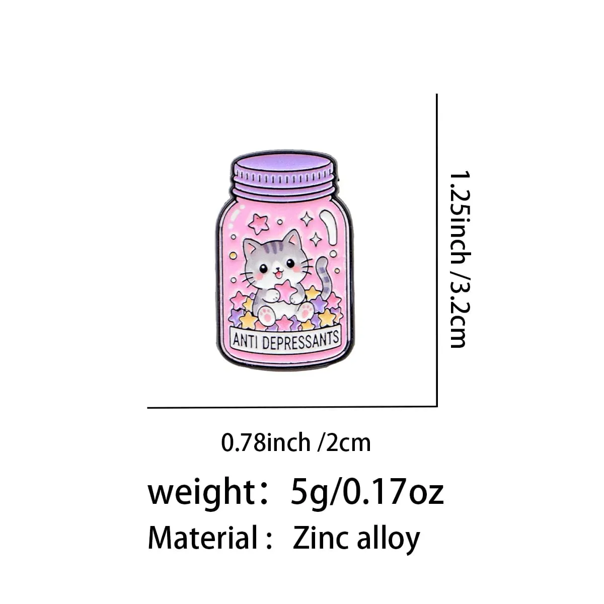 Sweet Pink Cat Star Bottle Enamel Brooch ANTI DEPRESSANTS Badge Cute Animal Lapel Pin Backpack Jacket Decorative Accessory