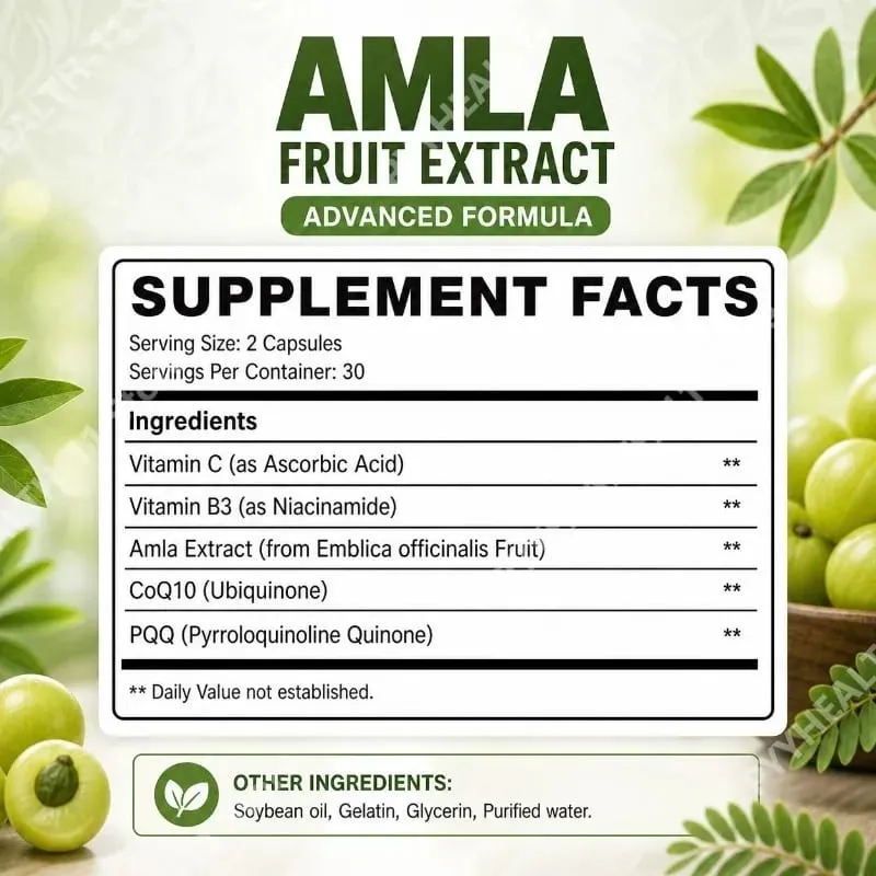 Docteat Amla Fruit Extract Capsules for Immune Support and Skin Health with Vitamin C Vitamin B3 CoQ10 and PQQ 60 Capsules