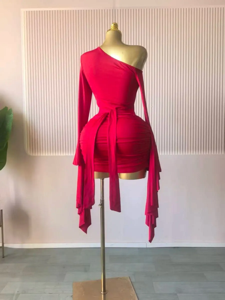 Women Drop Shoulder Flare Sleeve Ruffles Side Bodycon Midi Mini Dress 2026 Birthday Holiday Trendy Dresses Vestidos