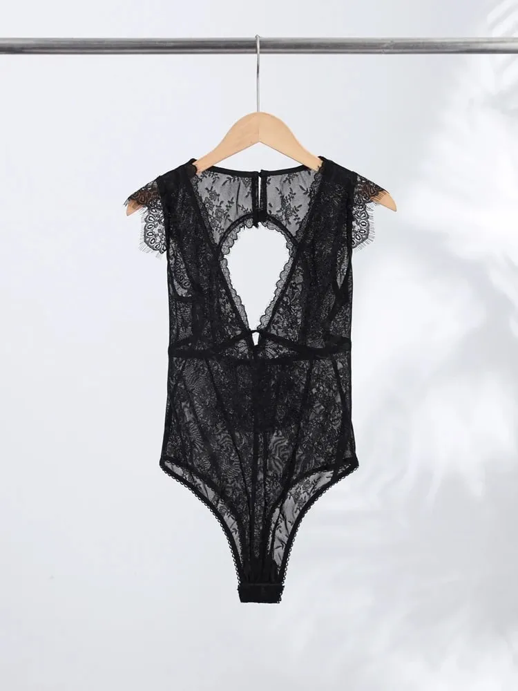 Women Lace Trim Bodysuit Sexy Woman Clotehs Sleeveless Deep V Neck Sheer Mesh Elegant Casual Party Top Spring Vacation Outfit