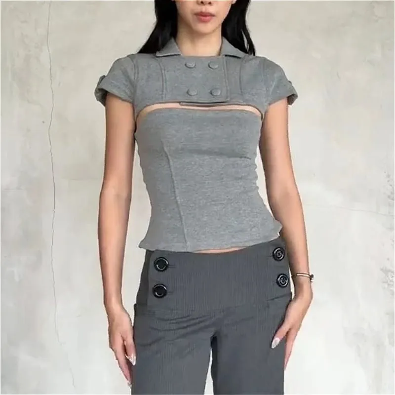 Retro Sexy 2-in-1 Top Duet Top Fog Removable Shrug Fitted Tank Y2K American Trendy Gothic Summer Niche Design Woman Streetwear