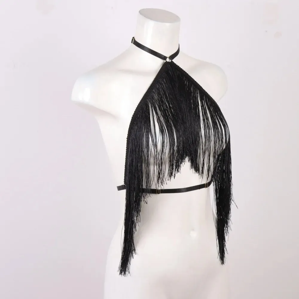 Women'S Black Tassel Halter Top-Adjustable Elastic Harness All-Season Wear Casual Attire Top Tassel Detail Top — image 3
