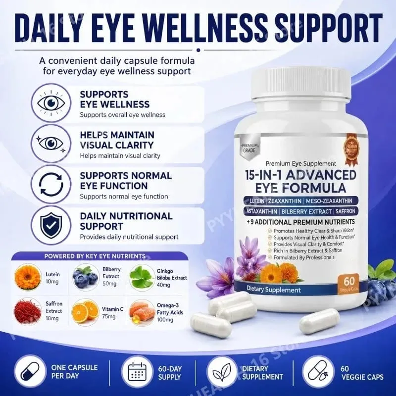 Premium 15-in-1 Advanced Eye Formula with Lutein Zeaxanthin Astaxanthin Bilberry & Saffron Supports Eye Wellness 60 Capsules