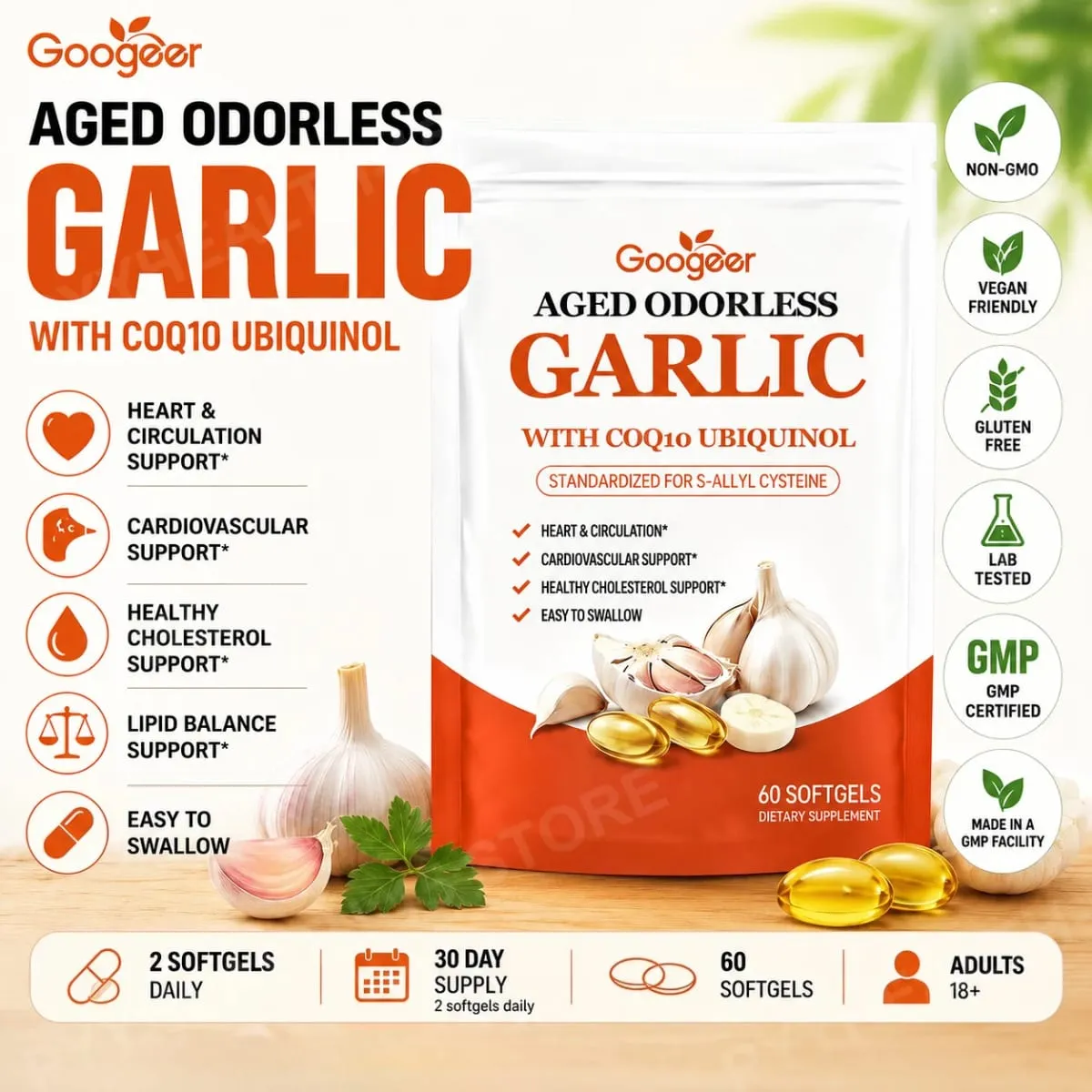 Googeer Aged Odorless Garlic Softgels with CoQ10 Ubiquinol Vitamin K2 MK-7 Heart Circulation Energy Immune Support 60 Count