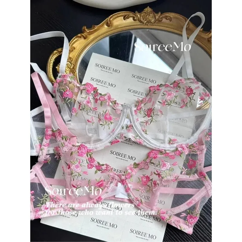 Kawaii Japanese Lingerie Set Sheer Tulle Pink Floral Embroidery Bra Bralette sek-si Pure Matching Set BANERDANNI Tushy Bras