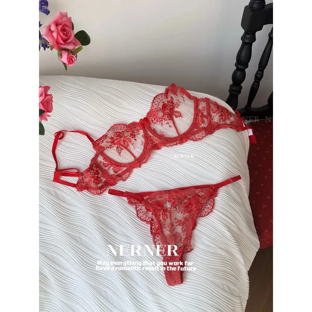 French Style Mesh Embroidery Lace Bra Set With Underwire Slightly Sheer Thin Lingerie Minimizer Bra For Big Bust S-XL