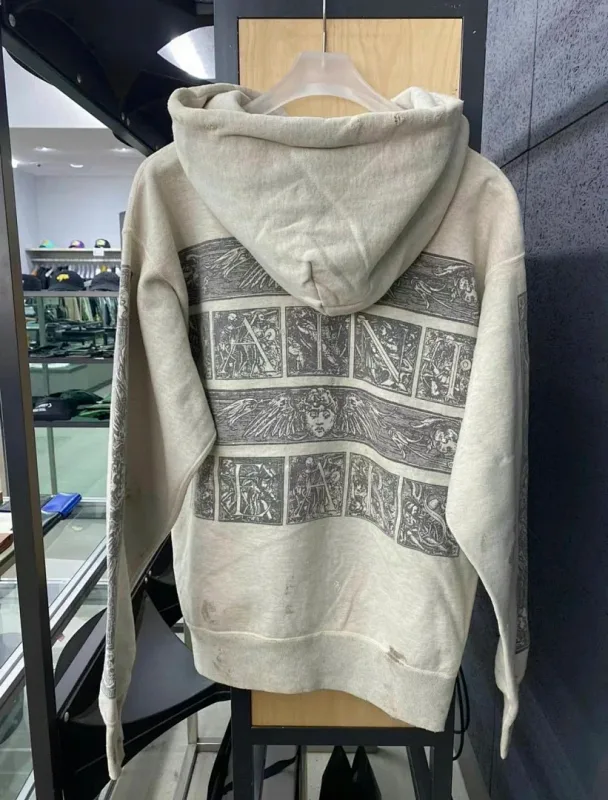 24FW SAINT Vintage Angel Printed Distressed Women Men Hooded Sweatshirt Hoodies Oversized Men Casual Cotton Pullover Hoodie