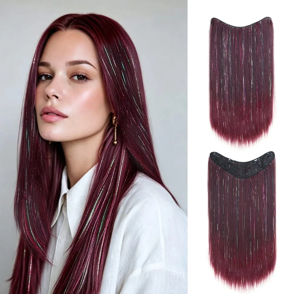 24Inch Long Straight Synthetic Clip‑in Hair Extensions Glitter Laser Tinsel Hair High‑Temp Fiber Shiny Hairpiece for Women Daily