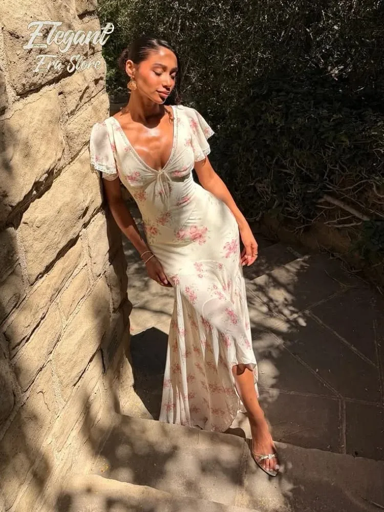 Chic Floral Puff Sleeve Women Maxi Dress Sexy V Neck Button Down Ruffle Slit Vestidos 2026 Summer New Lady Daily Party Sundress — image 2