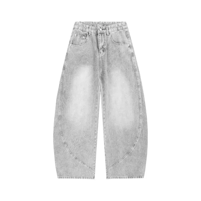 2026 Autumn Men Curved Seam Baggy Jeans Vintage Wash High Waist American Street Wide Leg Denim Pants