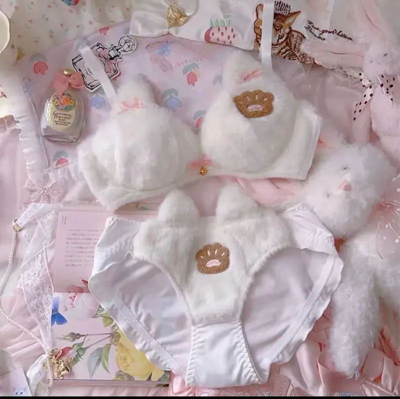 Cute Cat Paw Plush Lingerie Set for Women Warm Winter Bra & Panty with Ears Comfortable Kawaii Underwear